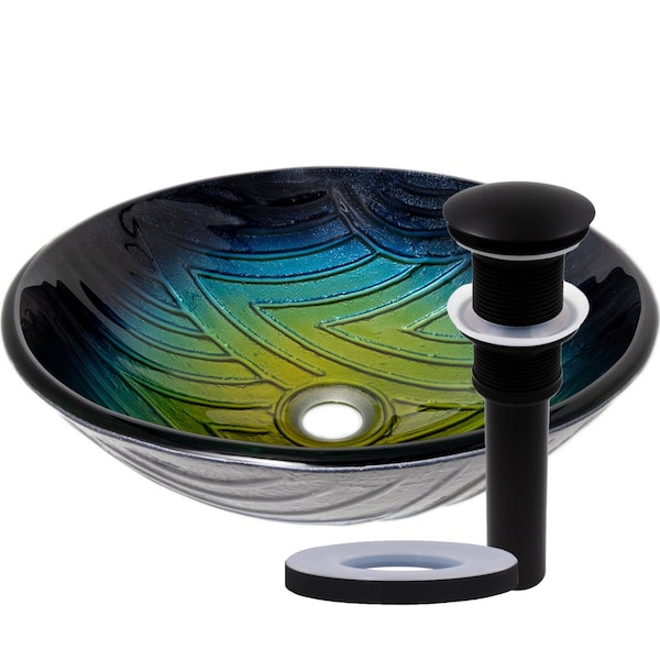 Novatto Hand Painted Faded Navy to Yellow Glass Vessel Bathroom Sink, Matte Black TIG-8123BMB - main
